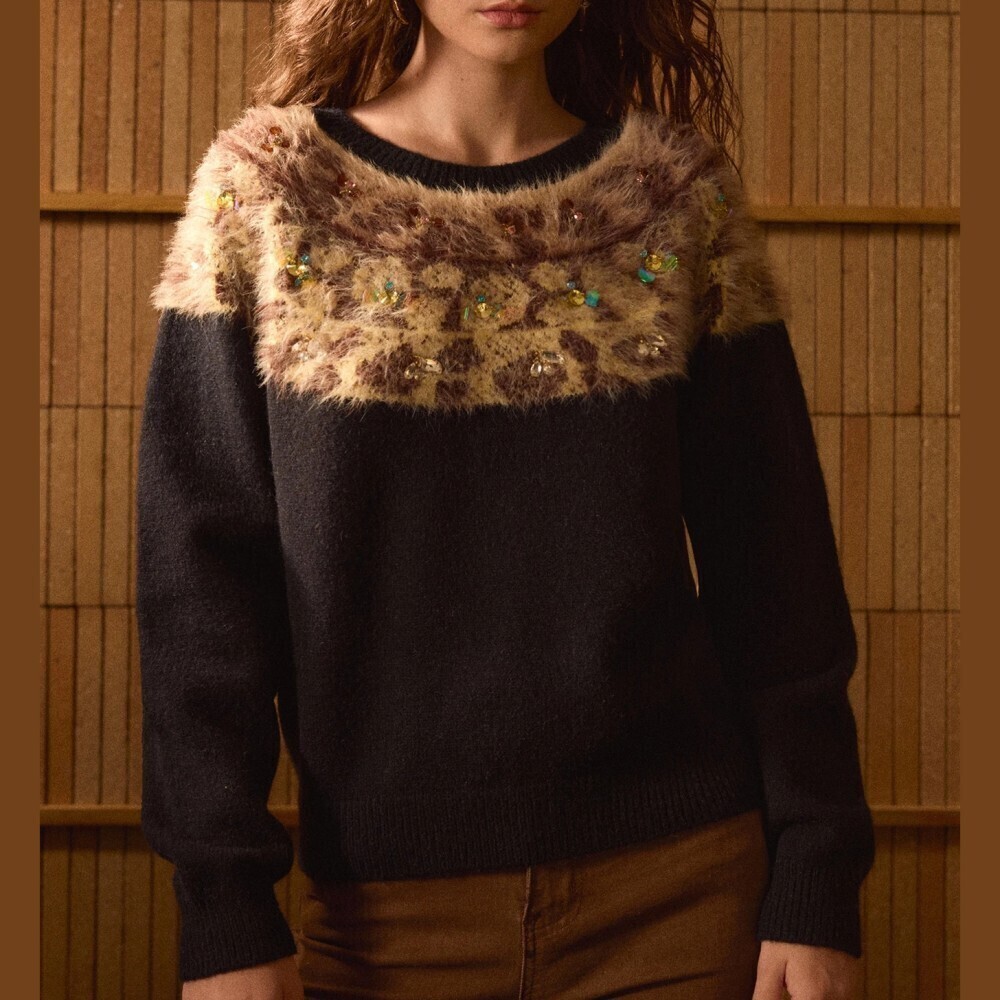Black Tan Leopard Fuzzy Fair Isle Yoke Embellished Crew Neck Knit Sweater